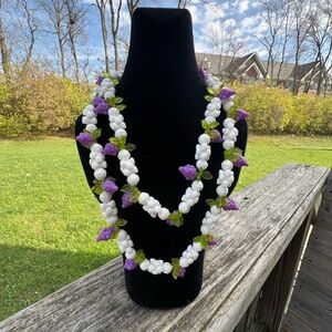 Long 50’s Hong Kong white flower green leaves with grapes cluster necklace